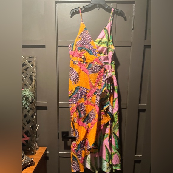 FARM Rio Dresses & Skirts - Farm Rio Mixed Print MIDI Dress XL V Pink Foliage and Beaded Macaws